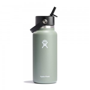 Hydro Flask 32 oz Wide Mouth with Flex Straw Water Bottle Agave Green | ESVA-67590