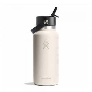 Hydro Flask 32 oz Wide Mouth with Flex Straw Water Bottle Ivory Khaki | SNVD-87062