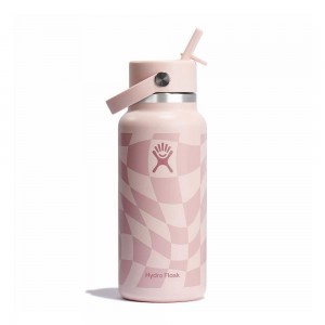 Hydro Flask 32 oz Wide Mouth with Flex Straw Water Bottle Coral Checkered Ecru | FGZX-25416